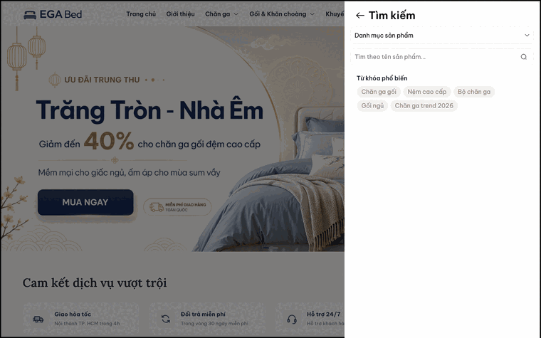 Gõ tới đâu, gợi ý sản phẩm hiện tới đó; kèm danh sách từ khoá phổ biến.