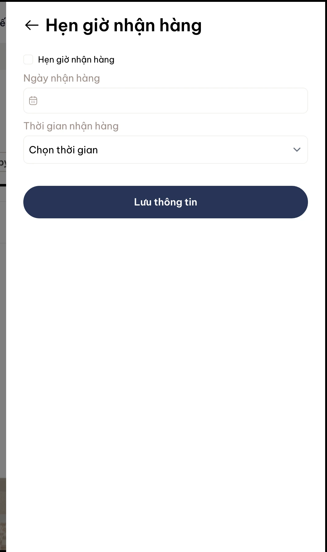 Hẹn giờ nhận hàng - chọn ngày và khung giờ.