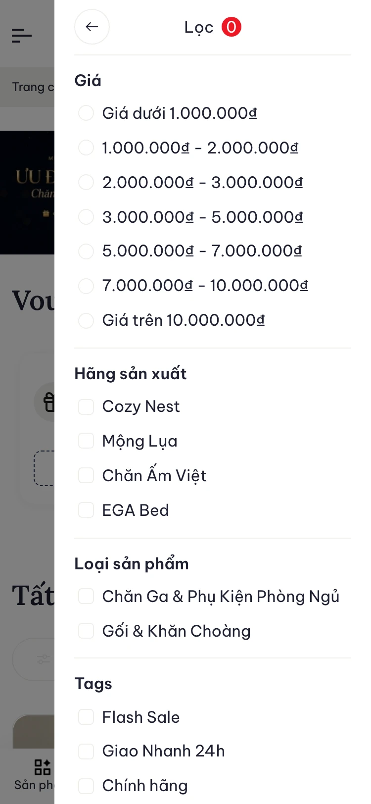 Bảng lọc trên điện thoại