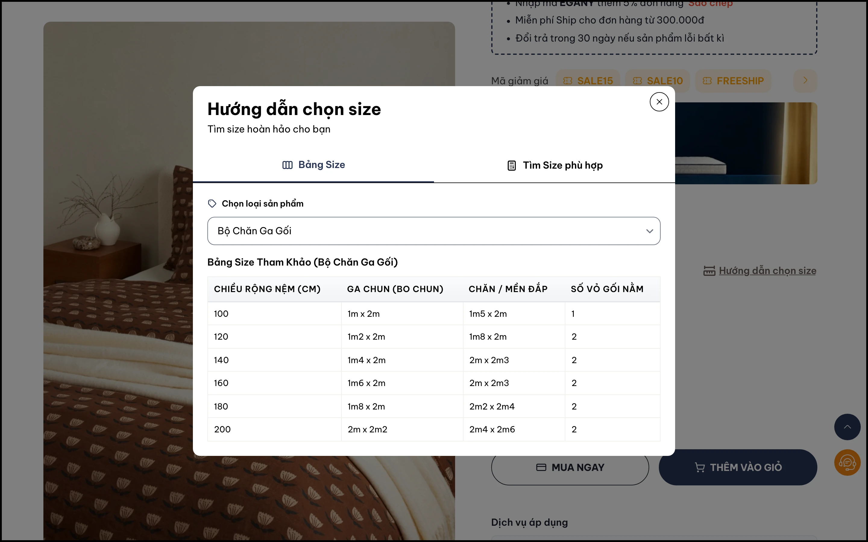 Tab Bảng Size - bảng thông số theo loại sản phẩm.
